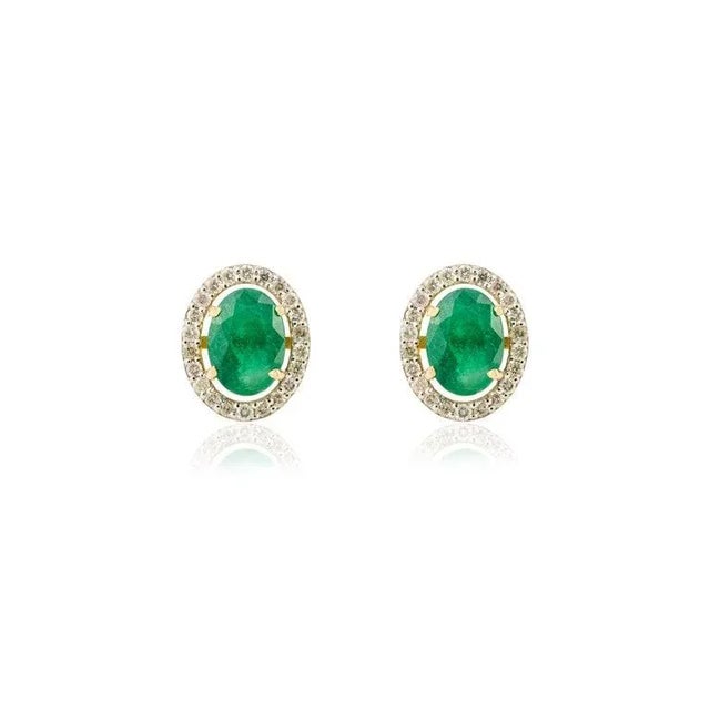 14k Gold Oval Emerald Halo Diamond Stud Earrings- 2 Pieces For Sale - Image 4 of 7