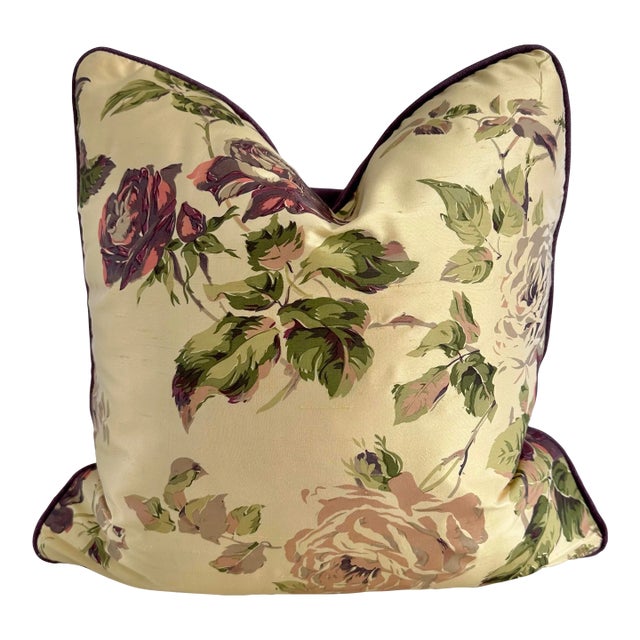 Silk Floral Pillow in Bernard Thorp Fabric For Sale