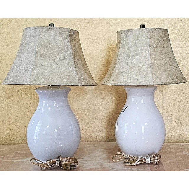 Mid-Century Modern Contemporary Hand‑Painted Floral Ceramic Lamps W/ Faux Leather Shades – Pair For Sale - Image 3 of 18