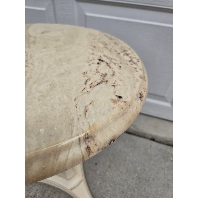 Shabby Chic Round Faux Marble Top Side Table Plant Stand -Off White and Cream For Sale - Image 3 of 11