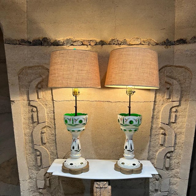 Bohemia 1950s Hand Painted Table Lamps Bohemian Czech Glass For Sale - Image 4 of 13