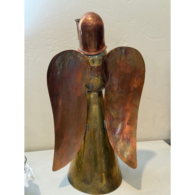 Vintage Hard-to-Find. Extra-Large 17” Tall Brass and Copper Angel Candleholder. Authentication Marked Mexico. For Sale - Image 4 of 12