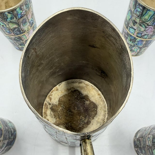 1960s Mexican Abalone Inlay Alpaca Silver Pitcher & 4 Tumblers Barware Set For Sale - Image 15 of 18