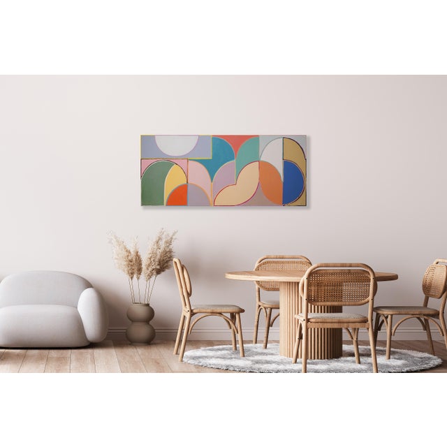 Abstract 2026, Faux Naive Horizontal Painting, Playground Landscape, Vivid Tones Bauhaus Shapes on Canvas For Sale - Image 3 of 8