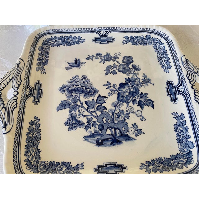 Mason's Ironstone 1930's Mason's Ironstone Cake Plate/Tray, Chinoiserie Pattern, Manchu Blue- Square, Tab Handles For Sale - Image 4 of 14