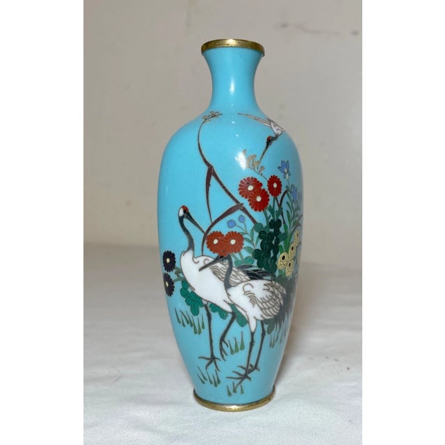 Japanese Antique 19th Century Japanese Meiji Cloiosnne Miniature Enamel Crane Blue Vase For Sale - Image 3 of 13