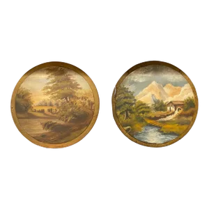 A Pair of Beautiful English Wooden Wine Barrel Lid Oil Paintings, Dating End of 18th Century, Beginning of 19th Century