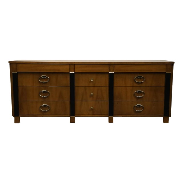 American of Martinsville Banded Walnut British Imperial 80" Triple Dresser 6106-2 For Sale
