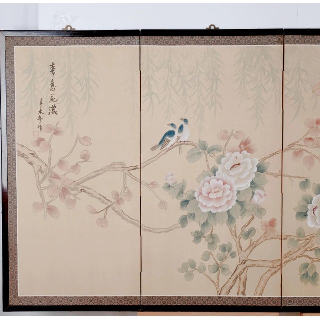 1960s Japanese Byobu "Blue Birds White Flowers" 4-Panel Folding Screen Very Good + For Sale - Image 4 of 12