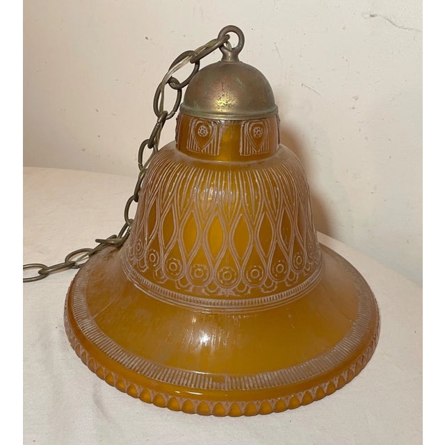 Amber 1940s Large Art Deco Cameo Amber Glass Brass Hanging Fixture Electric Chandelier For Sale - Image 8 of 10