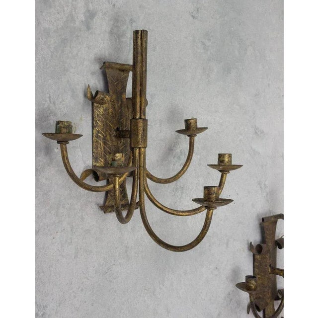 1950s Pair of Spanish Mid-Century Gilt Metal Five-Arm Candle Sconces, 1950s For Sale - Image 5 of 8