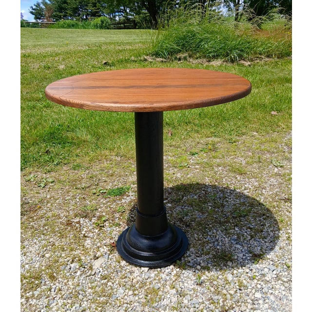 Wood Antique Round Oak Top Pub Table or Game Table With Cast Iron Column Base For Sale - Image 7 of 17