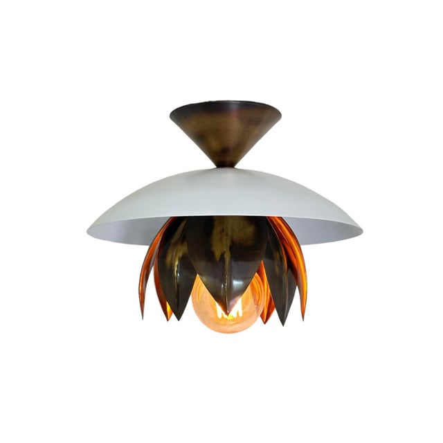Contemporary Lotus Brass Flush Mount Light Fixture With Antique Brass and Matte White Finish For Sale - Image 3 of 11