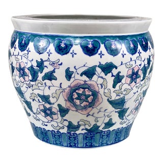 Vintage Chinese Porcelain Lotus Floral Motif Jardiniere Planter For Sale