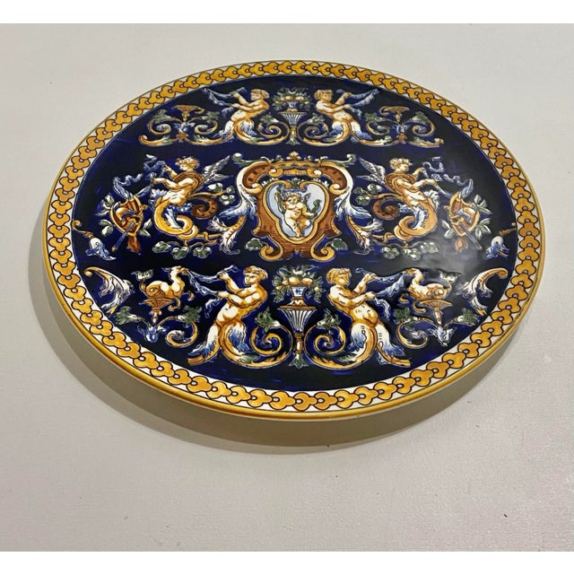 Navy Blue 1960s Gien France Faience “Renaissance” Pattern Decorative Plate For Sale - Image 8 of 11