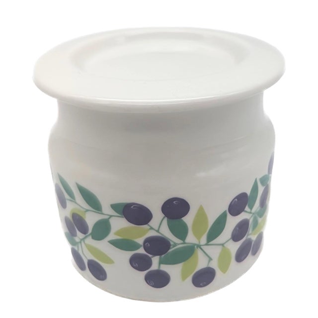 Offered is a vintage Arabia Finland Blueberry pattern ceramic jar with lid from the Pomona collection originally designed...
