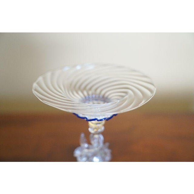 Vintage Venetian Murano-Style Dolphin Stem Glass Compote With Cobalt Rim For Sale - Image 9 of 9