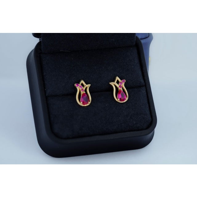 Metal Tulip Flower Earrings Studs With Rubies in 14k Gold - 2 Pieces For Sale - Image 7 of 7
