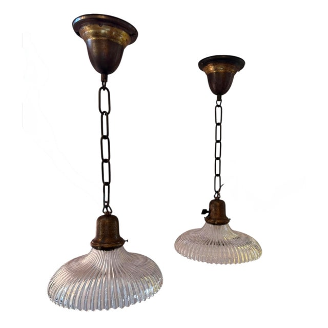 Rare Pair of Beaded and Ribbed Halophane Hanging Pendant Ceiling Lights Circa 1920’s For Sale - Image 4 of 6