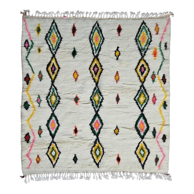 Handwoven Azilal Wool Moroccan Rug - 7.3 X 6.4 Ft For Sale