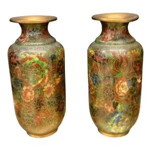 Antique Large Asian Green Floral Cloisonne Vase a - Pair