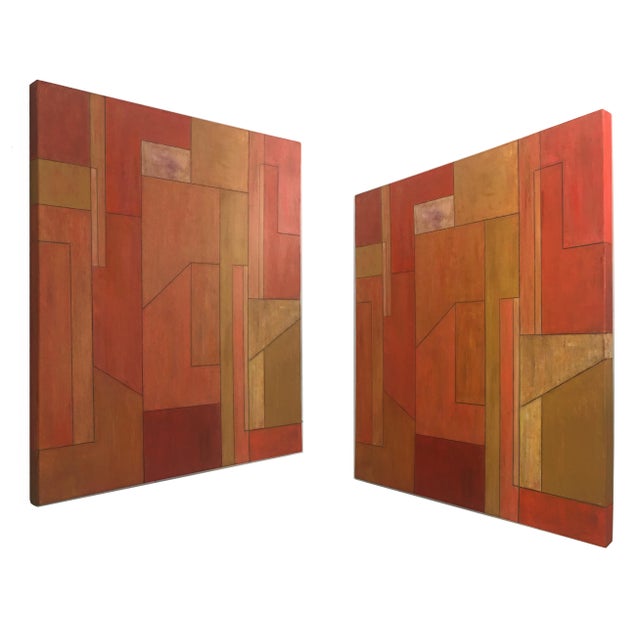 Geometric Abstract Oil Paintings Using Tints and Shades of Orange and
