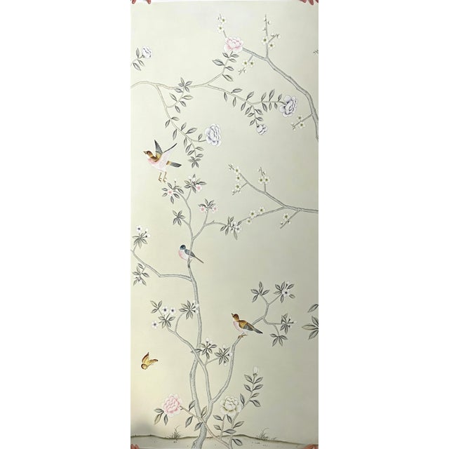 Chinoiserie Hand-Painted Chinoiserie Bird & Blossom Wallpaper Panels – Elegant Floral Wall Mural, 3 Panels 36” X 96” For Sale - Image 3 of 6