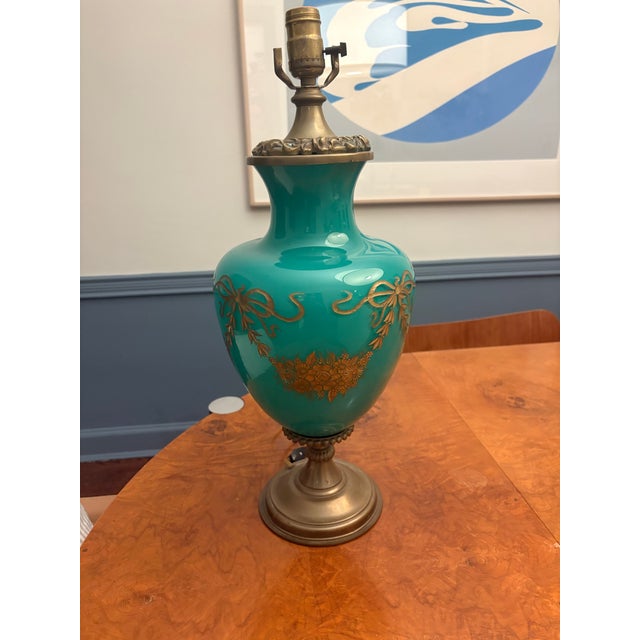 Hollywood Regency Gorgeous Vintage Brass and Gold Etched Glass Lamp For Sale - Image 3 of 11