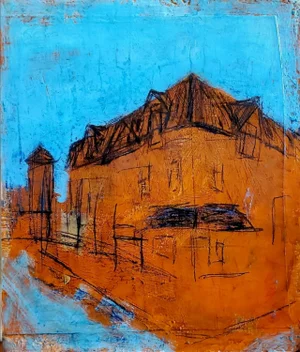 "Reading 2nd Empire" 2022 Architectural Acrylic, Crayon & Graphite Painting, Hugh Keating