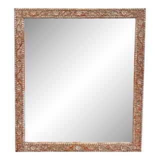 1980s Large Hand Carved Floral Wood Wall Mirror for Entryway | Distressed White Farmhouse Vanity Accent For Sale