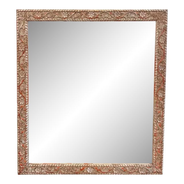 1980s Large Hand Carved Floral Wood Wall Mirror for Entryway | Distressed White Farmhouse Vanity Accent For Sale