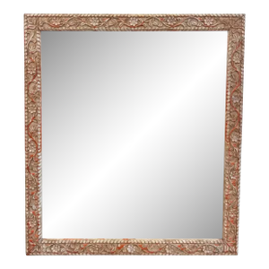 1980s Large Hand Carved Floral Wood Wall Mirror for Entryway | Distressed White Farmhouse Vanity Accent