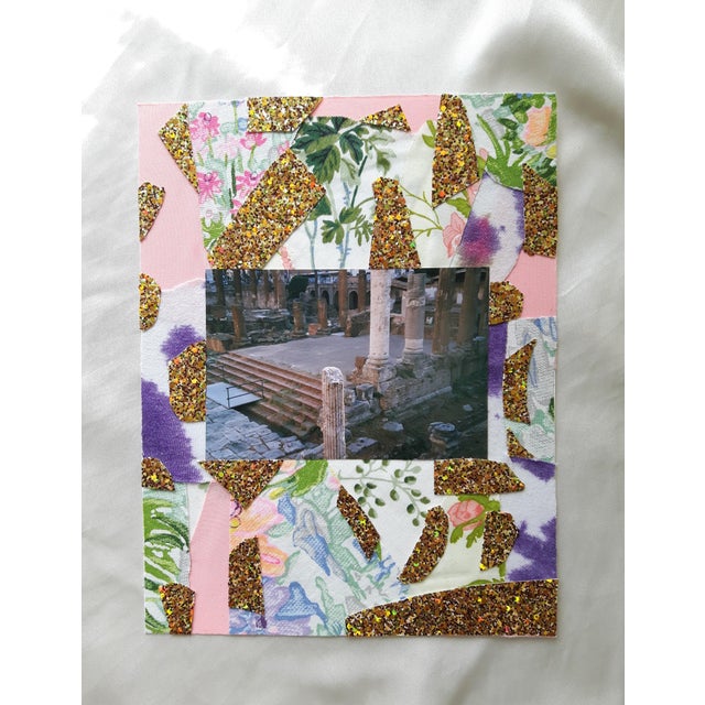 8.5" x 11" Collage made with gold glitter cardstock, upcycled vintage textiles and a 35mm photo of columns and...