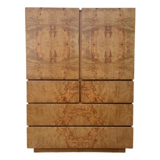 Refinished Mid-Century Modern Burl Wood Highboy Dresser in a Milo Baughman Style by Lane Altavista. Circa 1970s For Sale