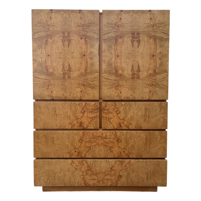 Refinished Mid-Century Modern Burl Wood Highboy Dresser in a Milo Baughman Style by Lane Altavista. Circa 1970s For Sale