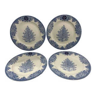 1990s Royal Stafford Blue & White Christmas Tree 11" Dinner Plates- Set of 4 For Sale