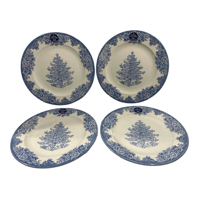 1990s Royal Stafford Blue & White Christmas Tree 11" Dinner Plates- Set of 4 For Sale