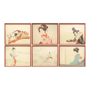 Early 20th C. Meiji or Taisho Era Japanese Watercolor Paintings on Silk, Framed - Set of 6
