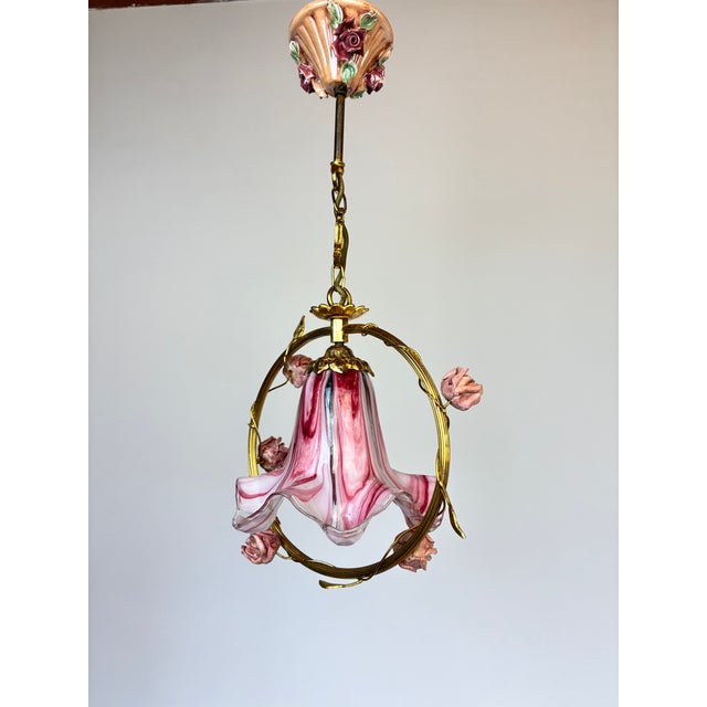 ⁠1970s Vintage Italian Pink Murano Ruffled Glass and Ceramic Rose Chandelier⁠ For Sale - Image 10 of 17