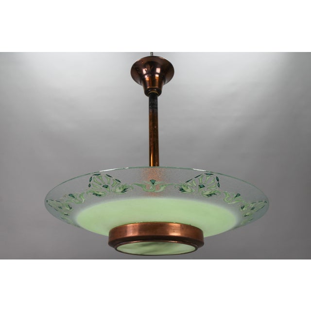French Art Deco Green Textured Glass and Copper Pendant by Loys Lucha, 1930s For Sale - Image 3 of 18