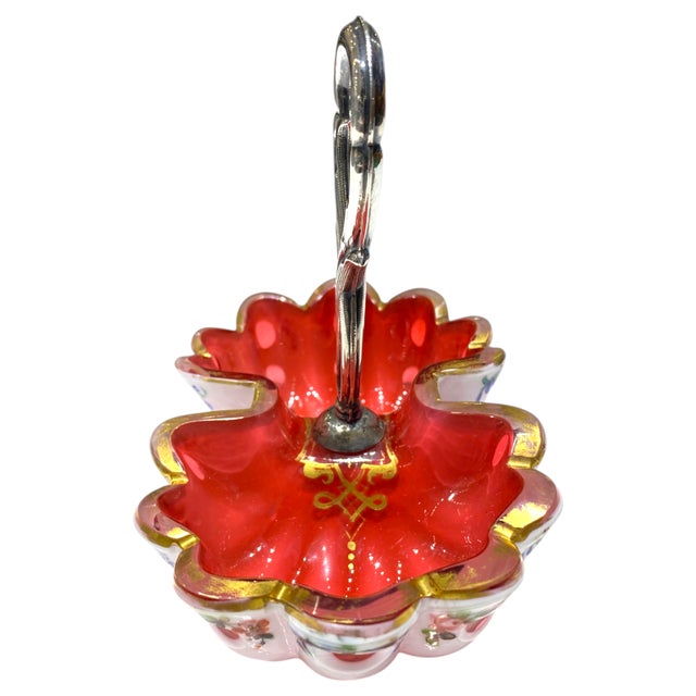 Antique Viennese Biedermeier Ruby Opaline Glass Bonbon Dish With Gilt Floral Enamel Decoration & Silver Handle, c.1830 For Sale - Image 9 of 16