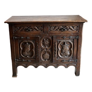 Antique French Carved Oak Sideboard, Renaissance Revival Server With Figural Panels & Iron Hardware For Sale