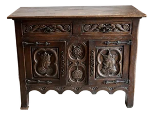 Antique French Carved Oak Sideboard, Renaissance Revival Server With Figural Panels & Iron Hardware