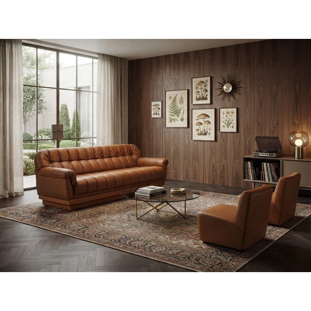 A stunning piece of Hungarian mid-century modern design, this exquisite cognac brown tufted leather sofa combines...