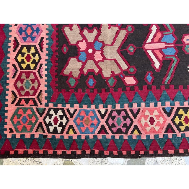 Pink High Quality Pink Persian Shiraz Tribal Kilim Rug - 7'3" X 8'0" For Sale - Image 8 of 11