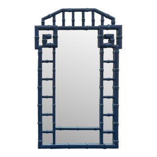 Vintage Greek Key Faux Bamboo Mirror - Newly Lacquered in Hale Navy For Sale