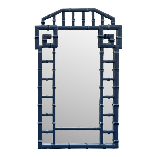 Vintage Greek Key Faux Bamboo Mirror - Newly Lacquered in Hale Navy For Sale