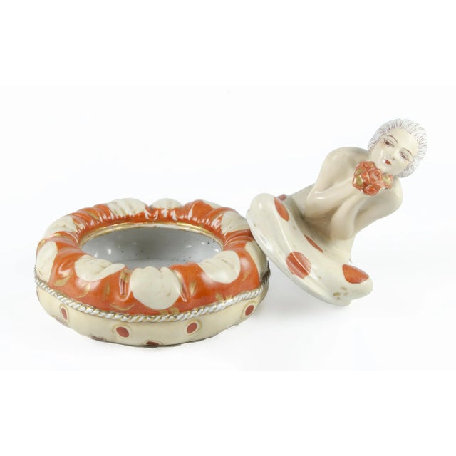 Ceramic Early 20th Century Art Déco Hand-Painted Ceramic Cosmetic Powder Bowl of a Lady Sitting Over a Cushion by Aladin, France For Sale - Image 7 of 9