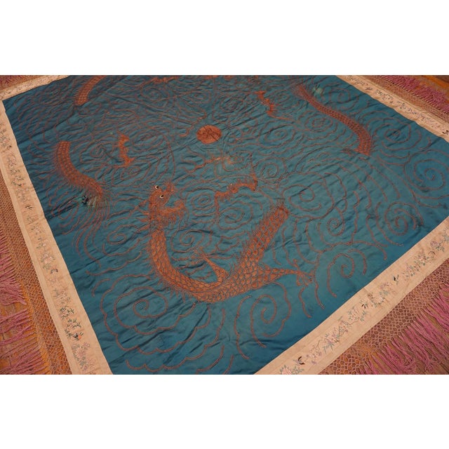 Teal Majestic Teal Blue Color Background With Dragons Patters Desing Antique Chinese Textile Rug For Sale - Image 8 of 9