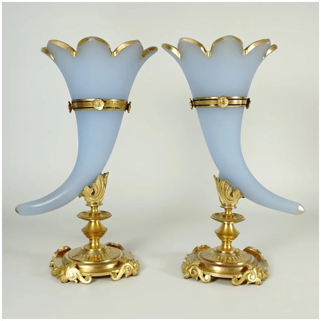 French Pair of Antique French Opaline Glass Cornucopia Horn Vases Dore Bronze Mounts For Sale - Image 3 of 8